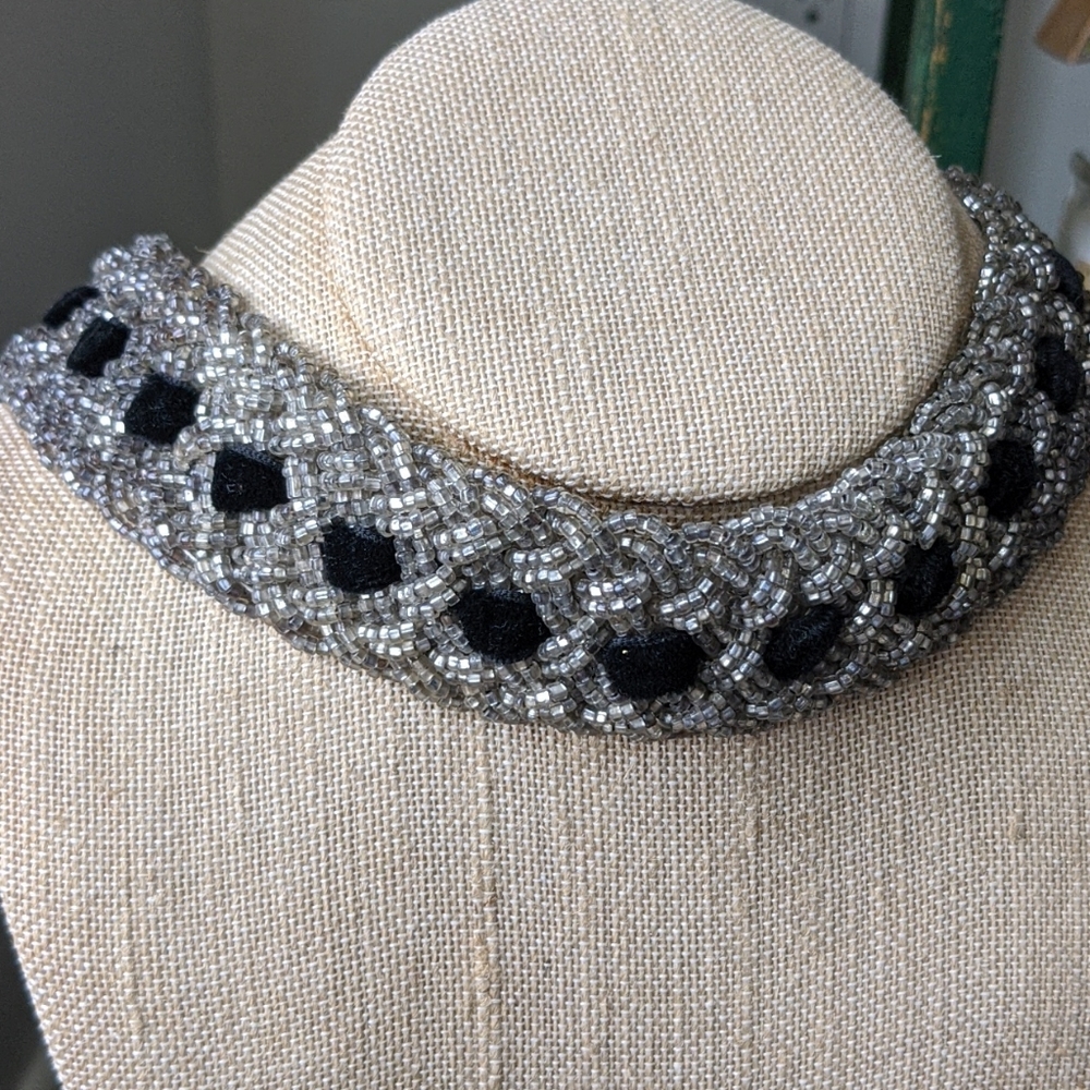 Vintage BAAR & BEARDS Mercury Glass Beaded Tie Collar Necklace
